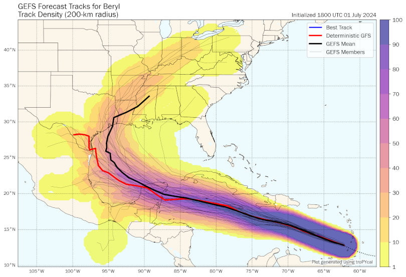 Previsione traiettoria uragano Beryl